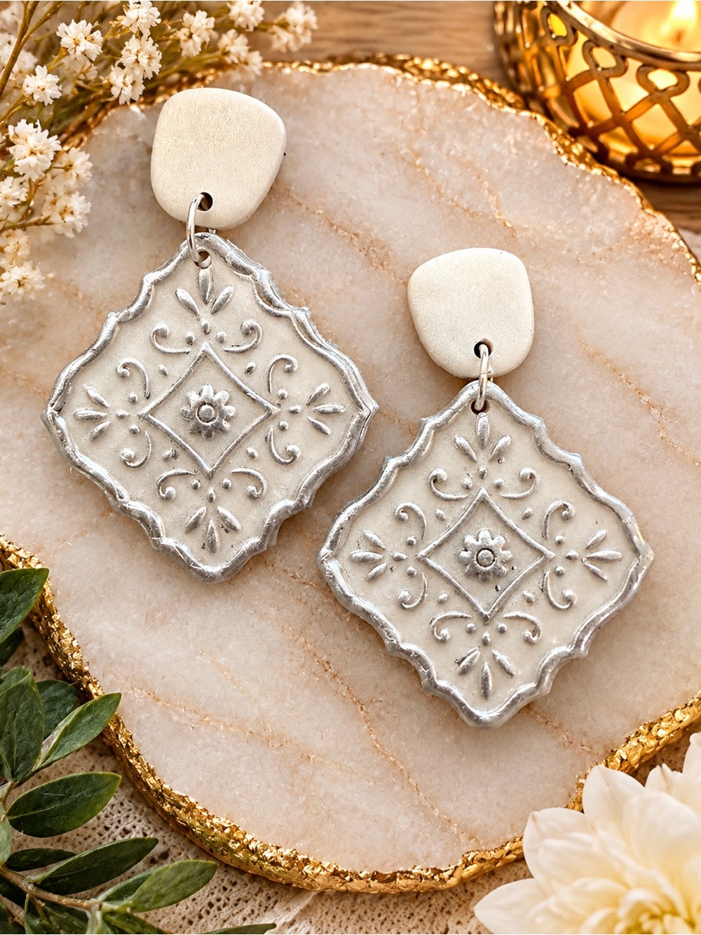 Ornate Silver-Tone Filigree Drop Handmade Polymer Clay Earrings